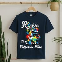 Rockin To A Different Tune Autism Dinosaur T-Shirt thumb 2