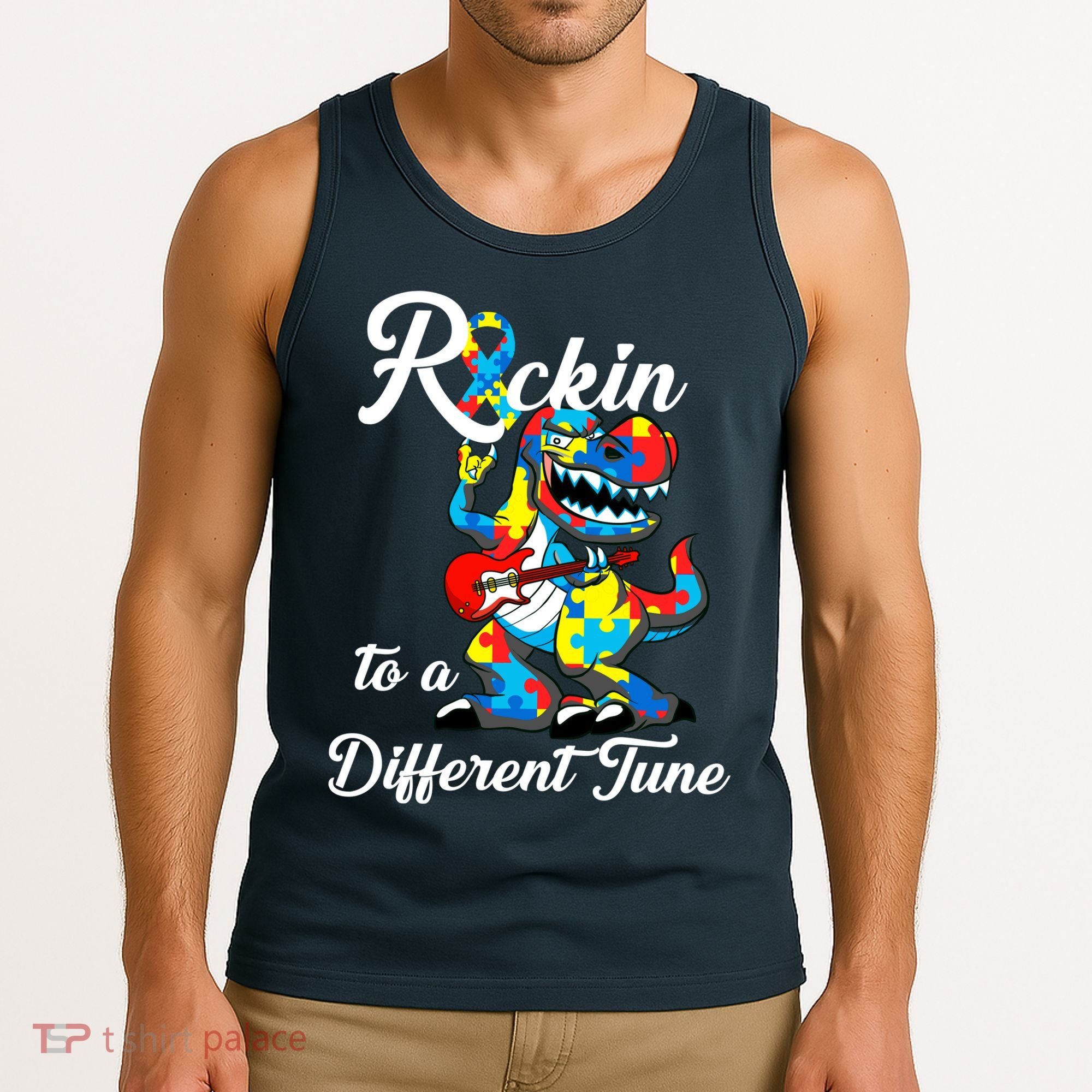 Rockin To A Different Tune Autism Dinosaur Tank Top
