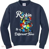 Rockin To A Different Tune Autism Dinosaur Kids Sweatshirt thumb 0