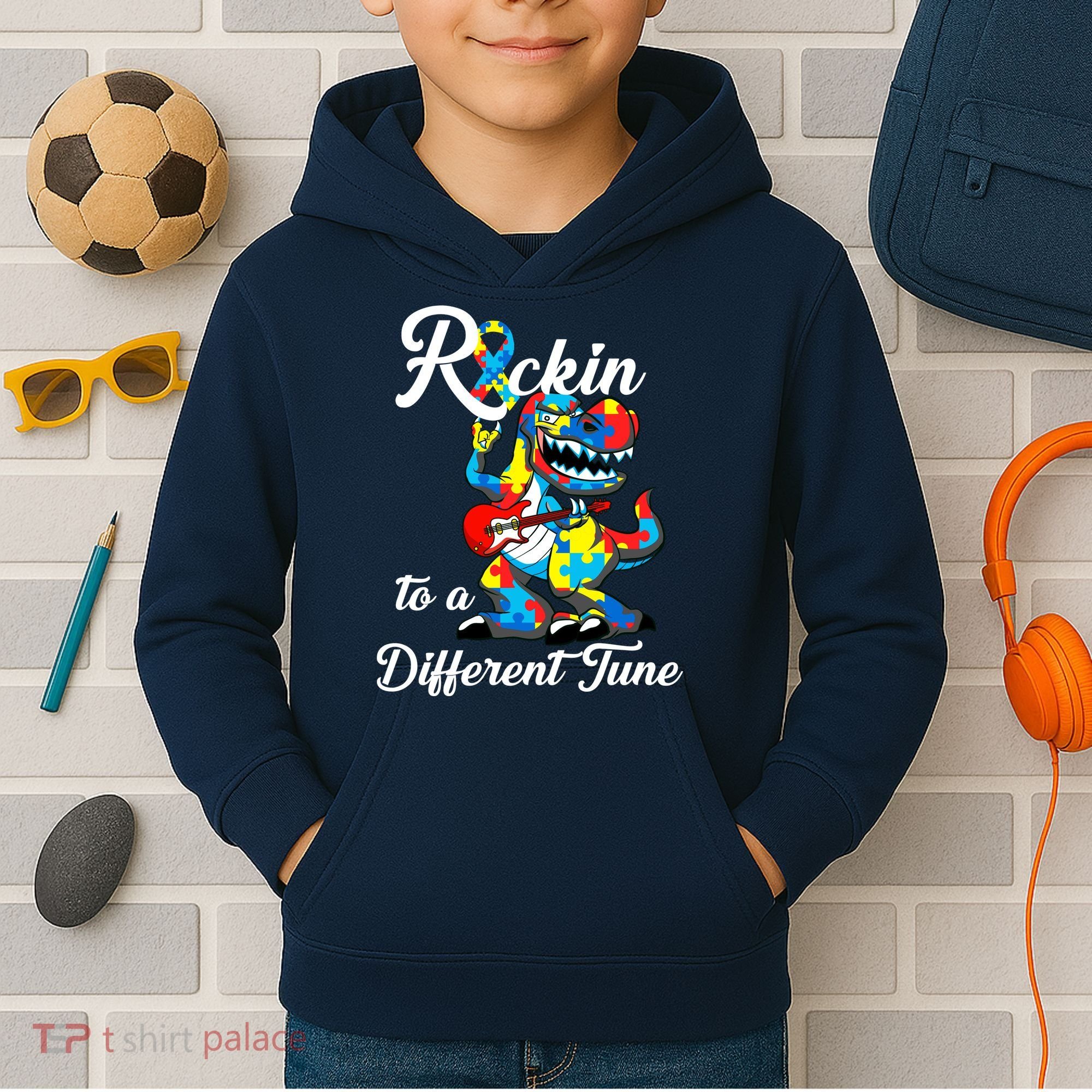 Rockin To A Different Tune Autism Dinosaur Kids Hoodie
