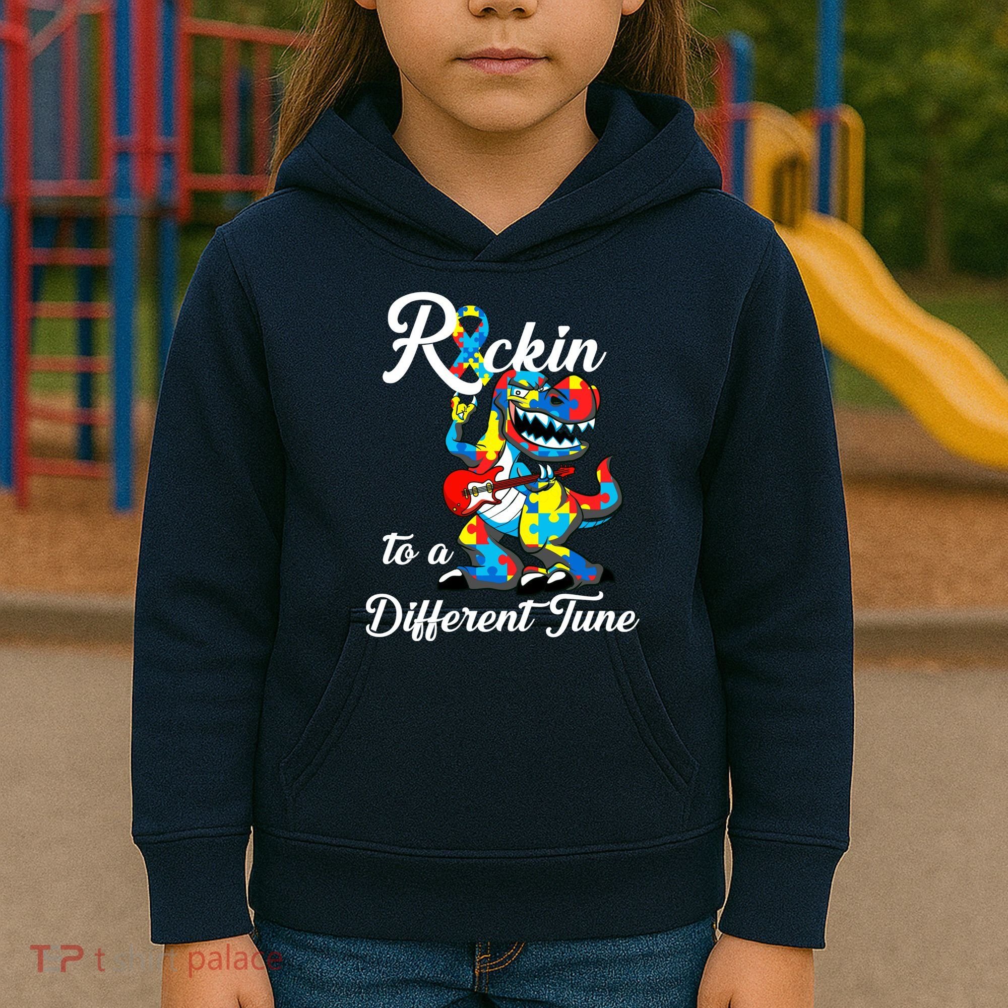 Rockin To A Different Tune Autism Dinosaur Kids Hoodie
