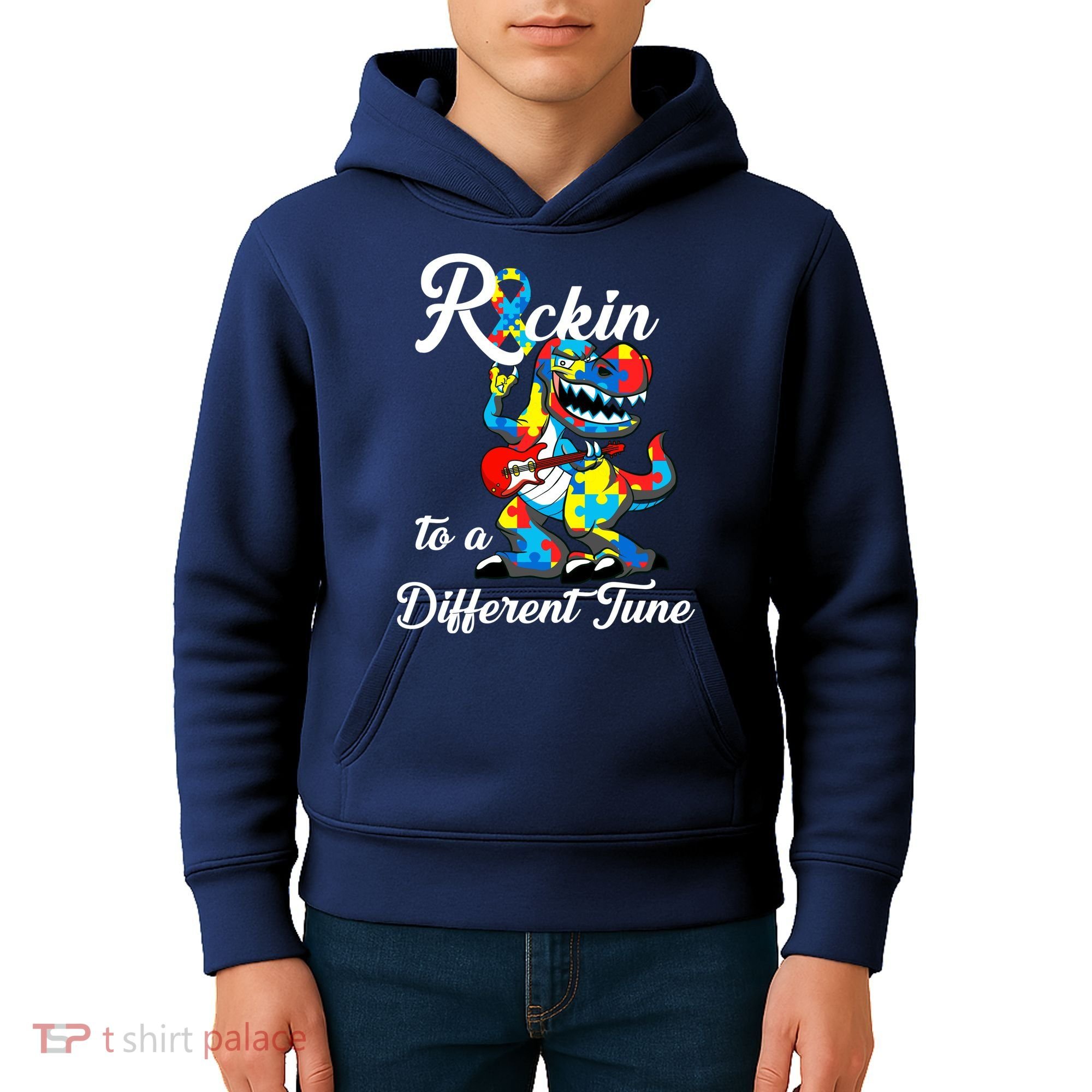 Rockin To A Different Tune Autism Dinosaur Kids Hoodie