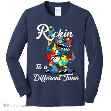 Rockin To A Different Tune Autism Dinosaur Kids Long Sleeve Shirt