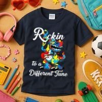 Rockin To A Different Tune Autism Dinosaur Kids T-Shirt thumb 3