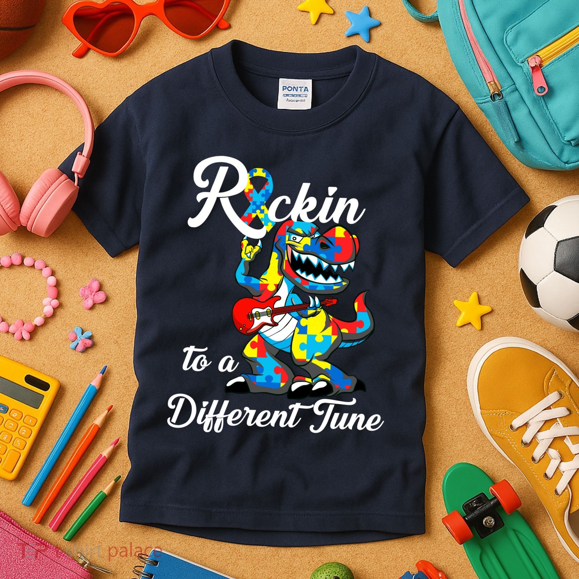 Rockin To A Different Tune Autism Dinosaur Kids T-Shirt
