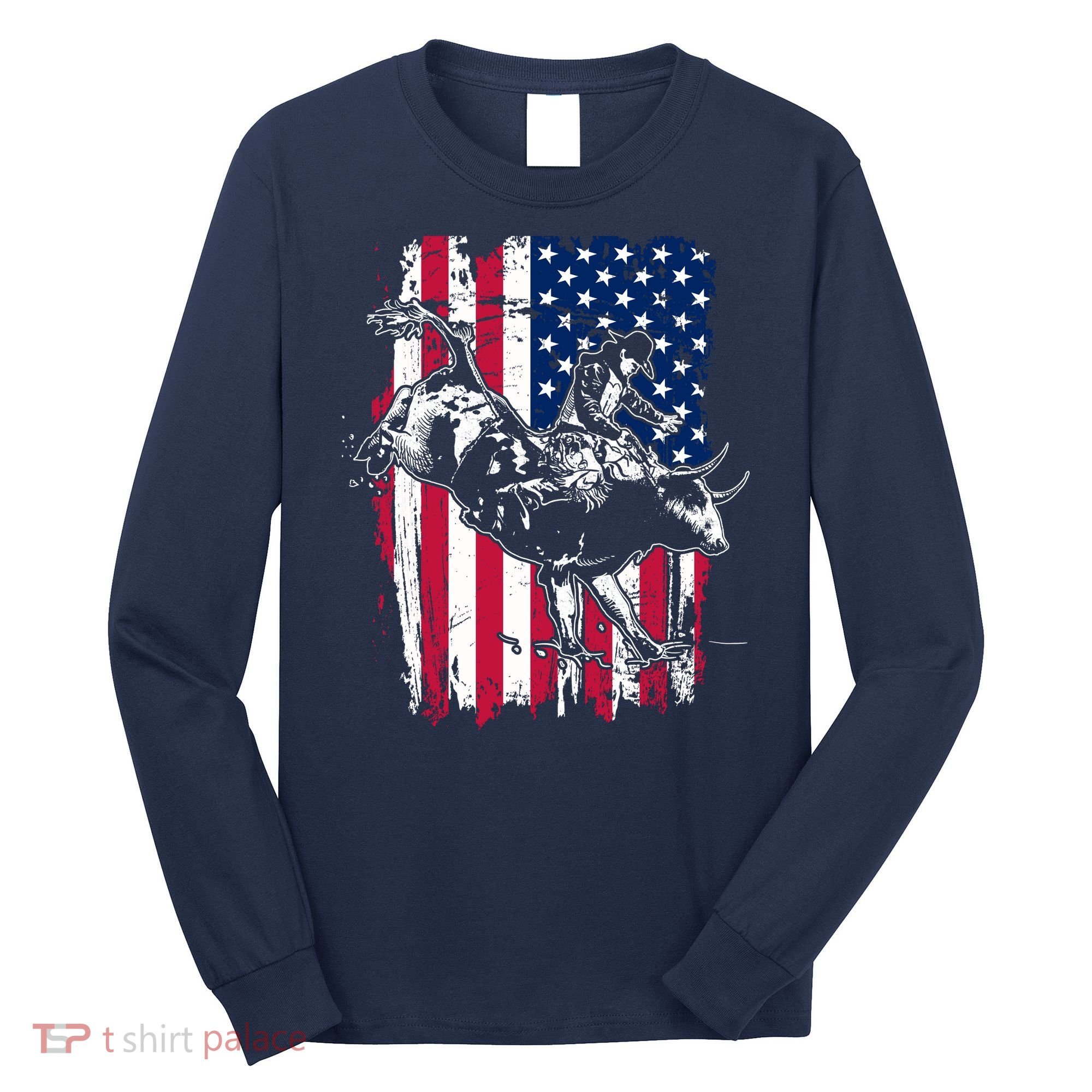 Rodeo Bull Rider American Flag Long Sleeve Shirt