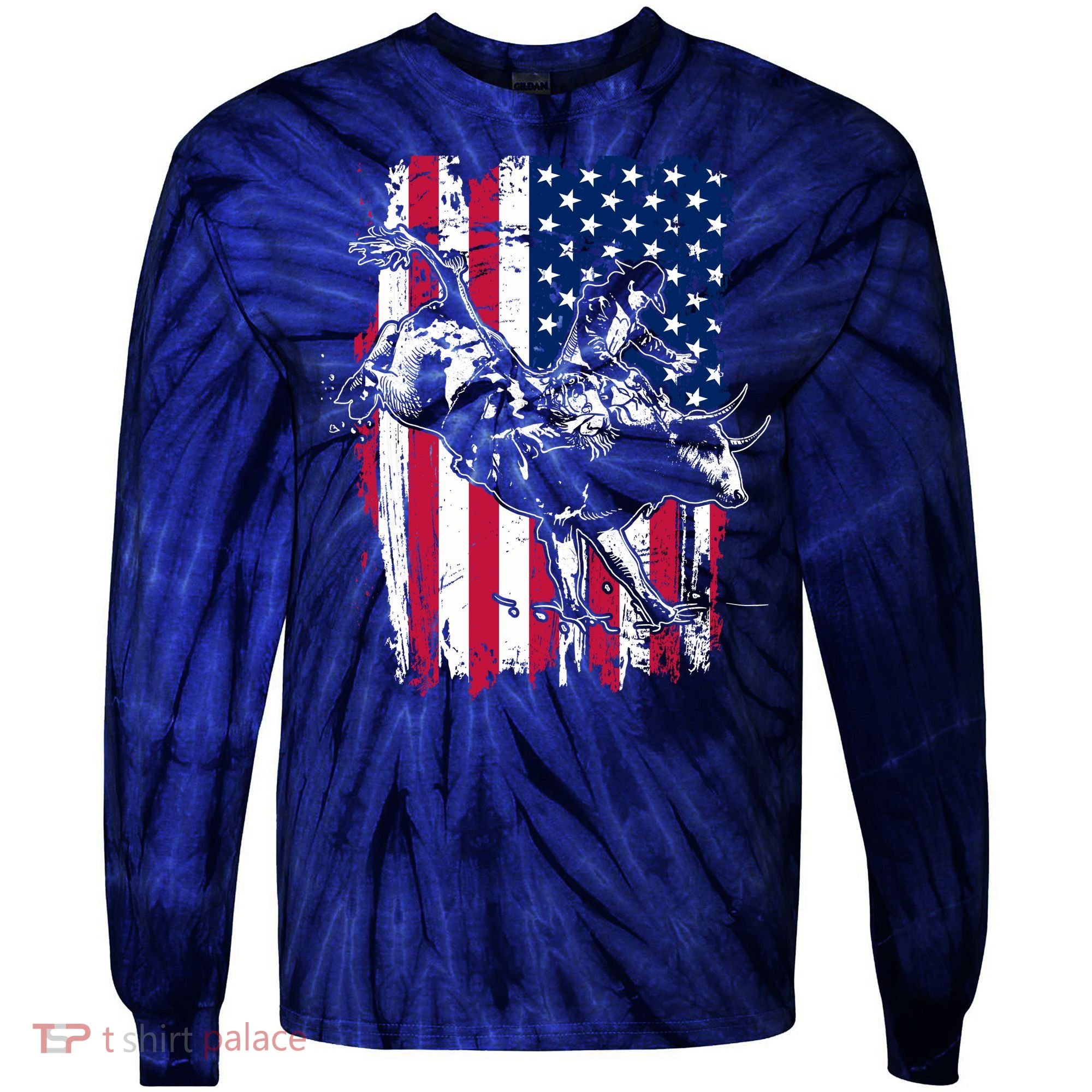 Rodeo Bull Rider American Flag Tie-Dye Long Sleeve Shirt