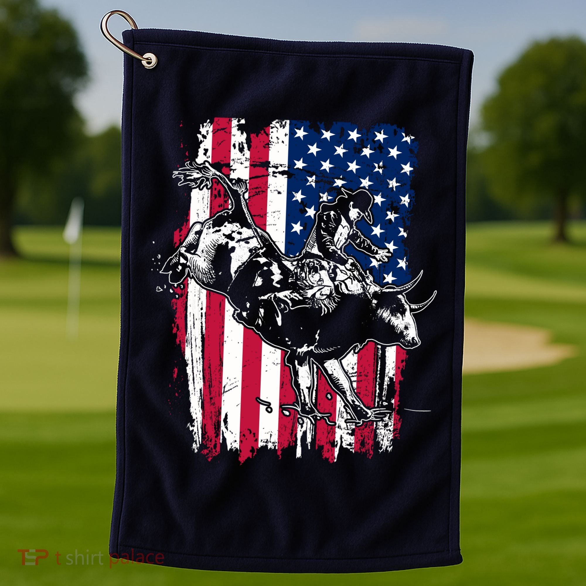 Rodeo Bull Rider American Flag Golf Towel