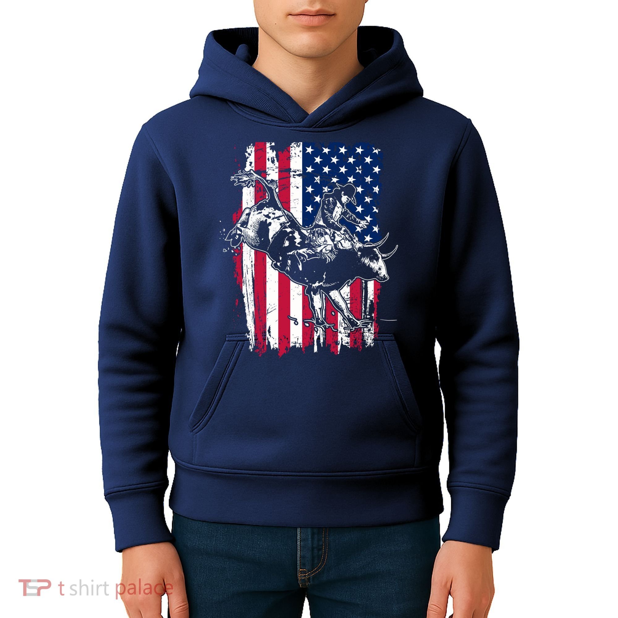 Rodeo Bull Rider American Flag Kids Hoodie