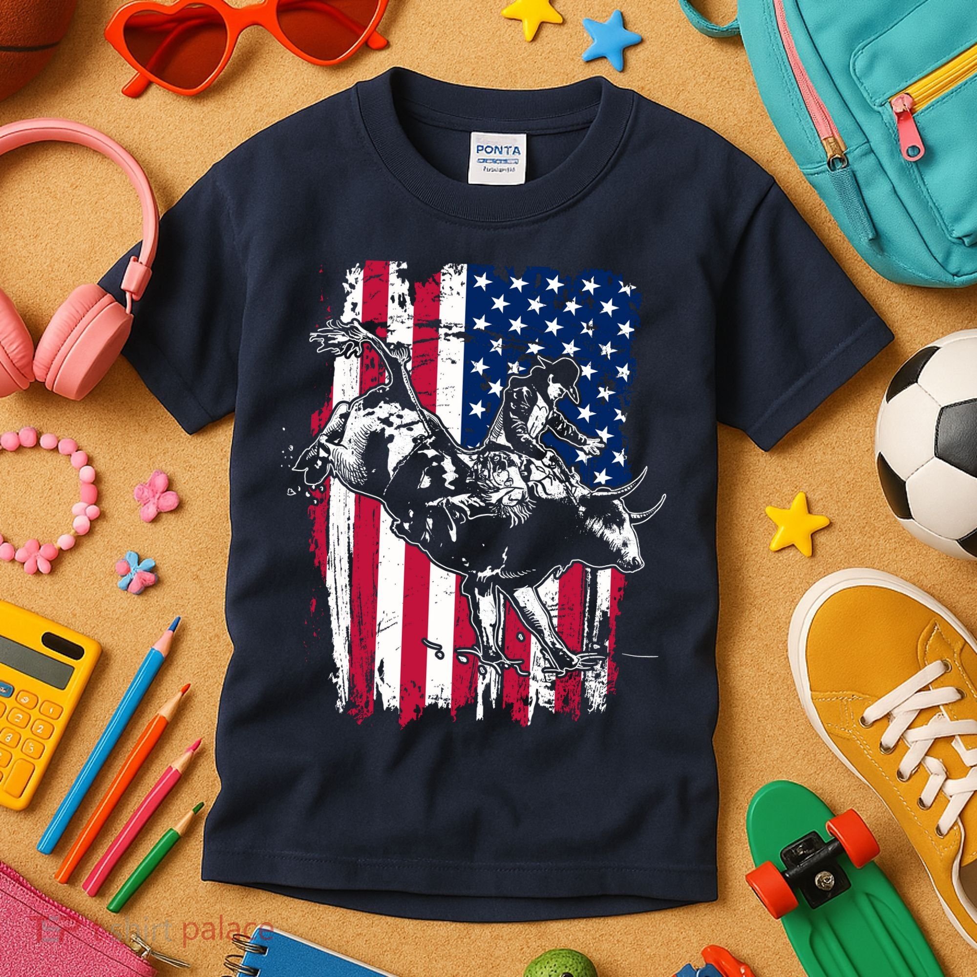 Rodeo Bull Rider American Flag Kids T-Shirt