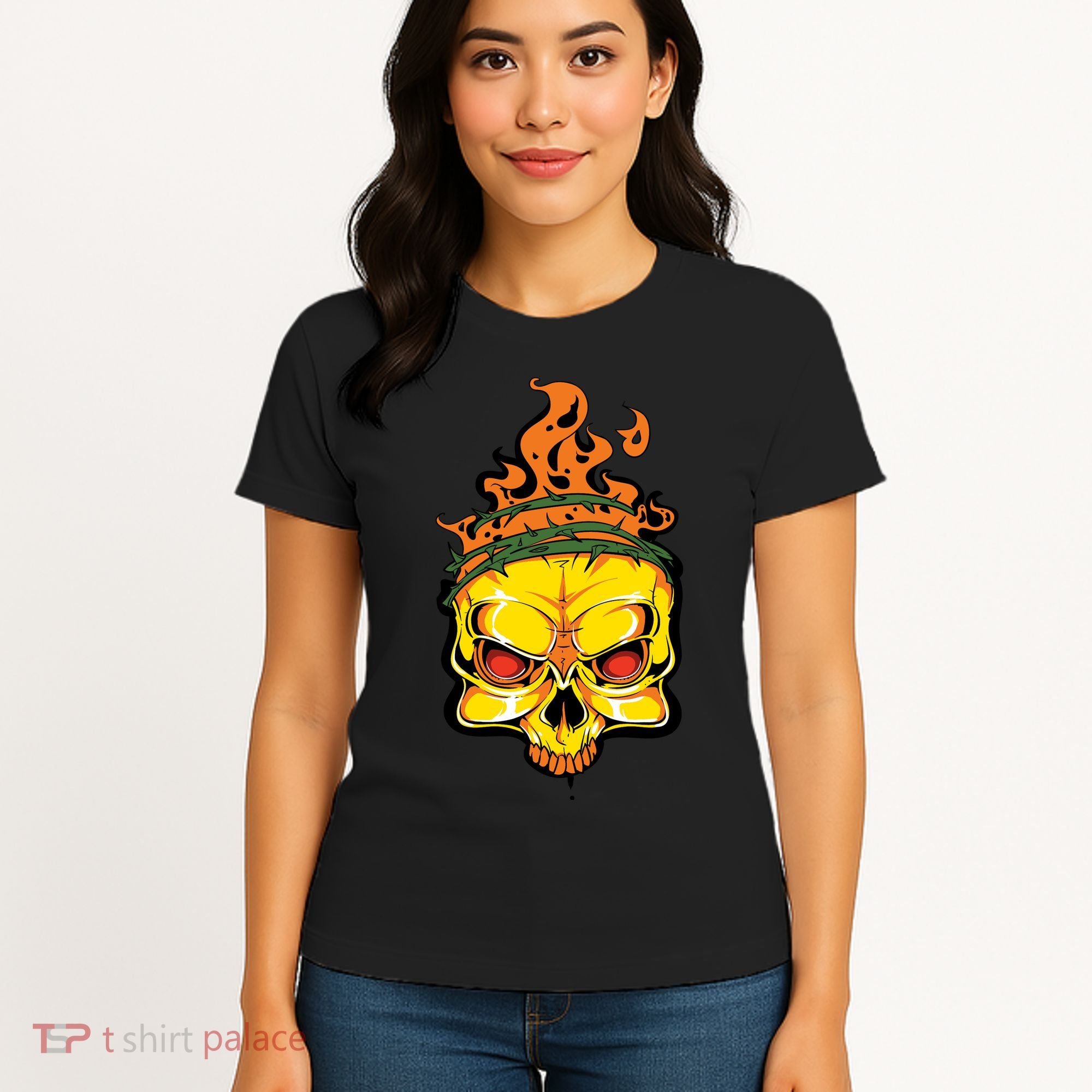 Rage Of Fire Faming Skull Creepy Skeleton Women's T-Shirt