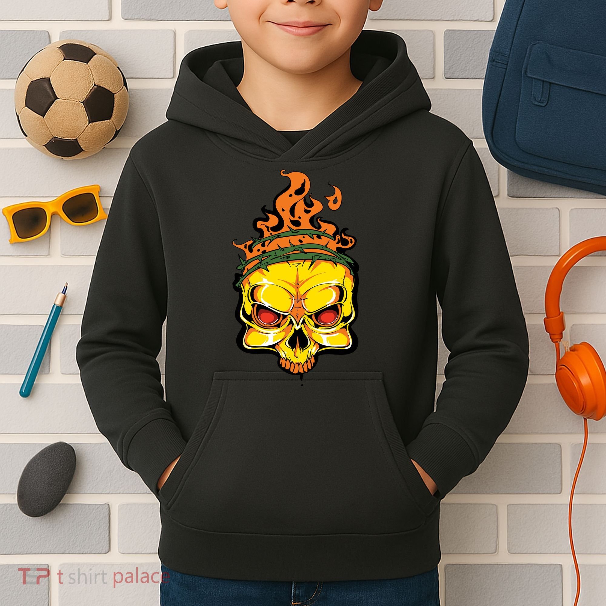 Rage Of Fire Faming Skull Creepy Skeleton Kids Hoodie