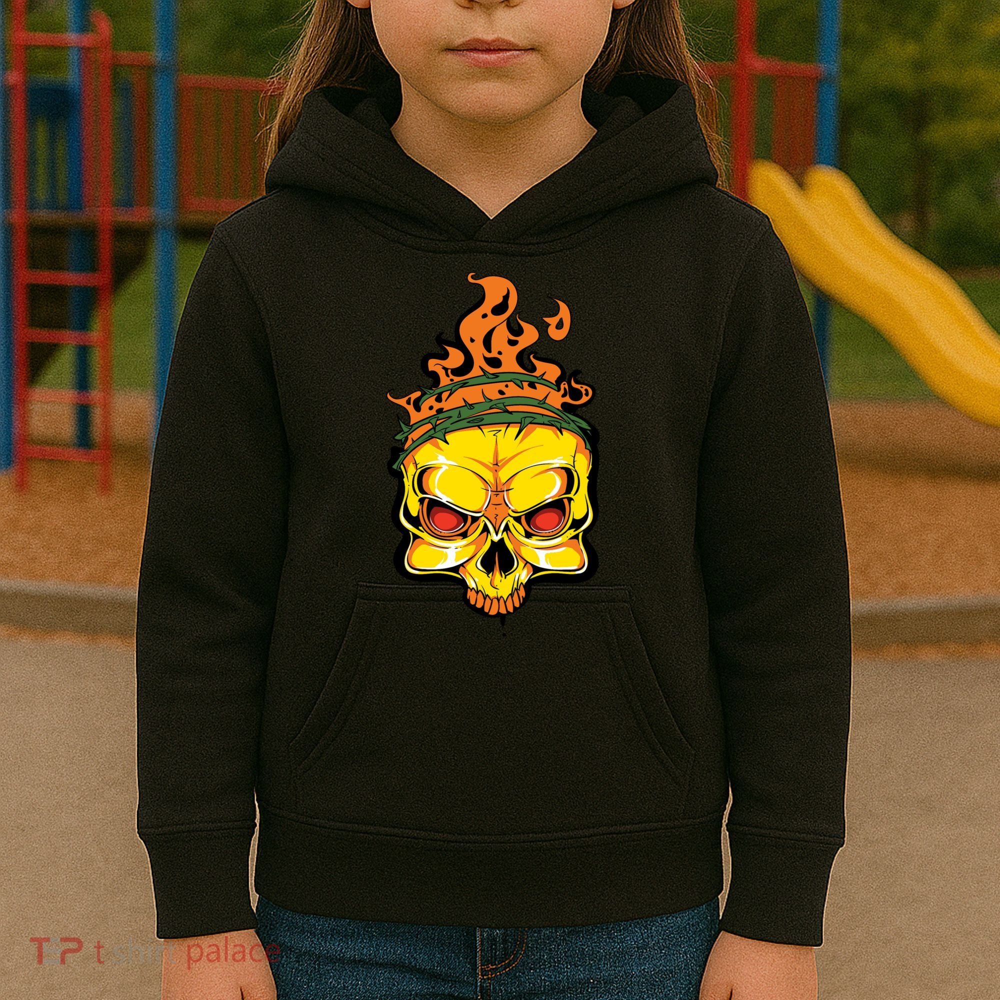 Rage Of Fire Faming Skull Creepy Skeleton Kids Hoodie