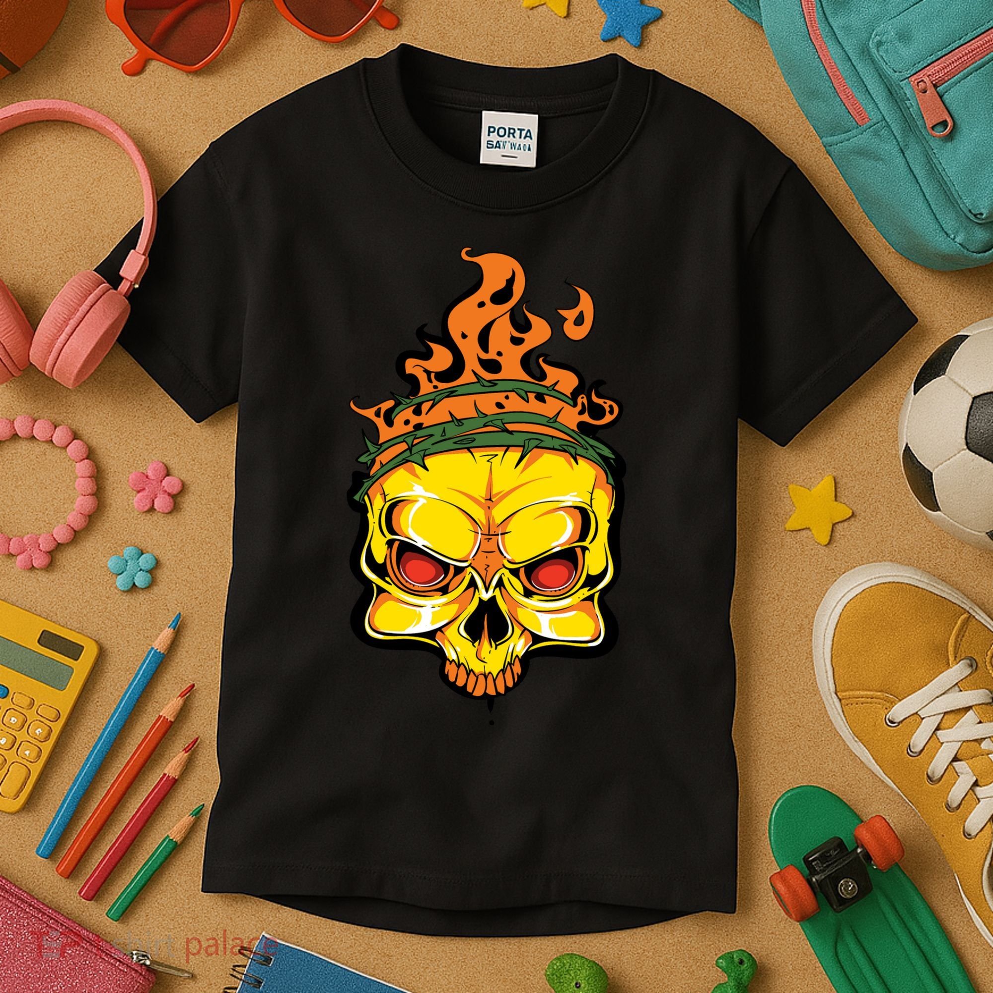 Rage Of Fire Faming Skull Creepy Skeleton Kids T-Shirt