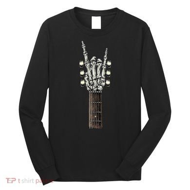 Rock On Guitar Neck Rock & Roll Halloween Skeleton Hand Long Sleeve Shirt