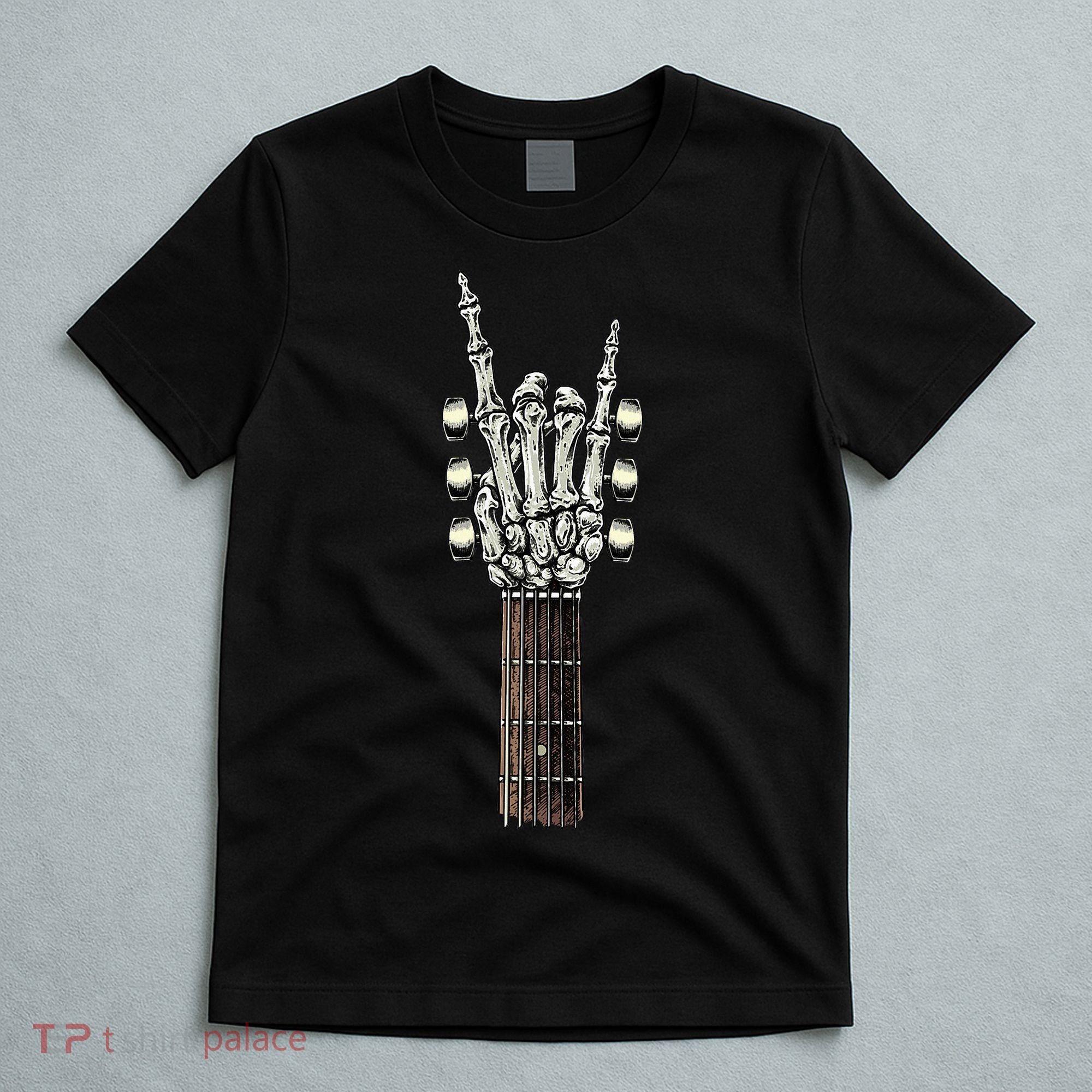 Rock On Guitar Neck Rock & Roll Halloween Skeleton Hand T-Shirt