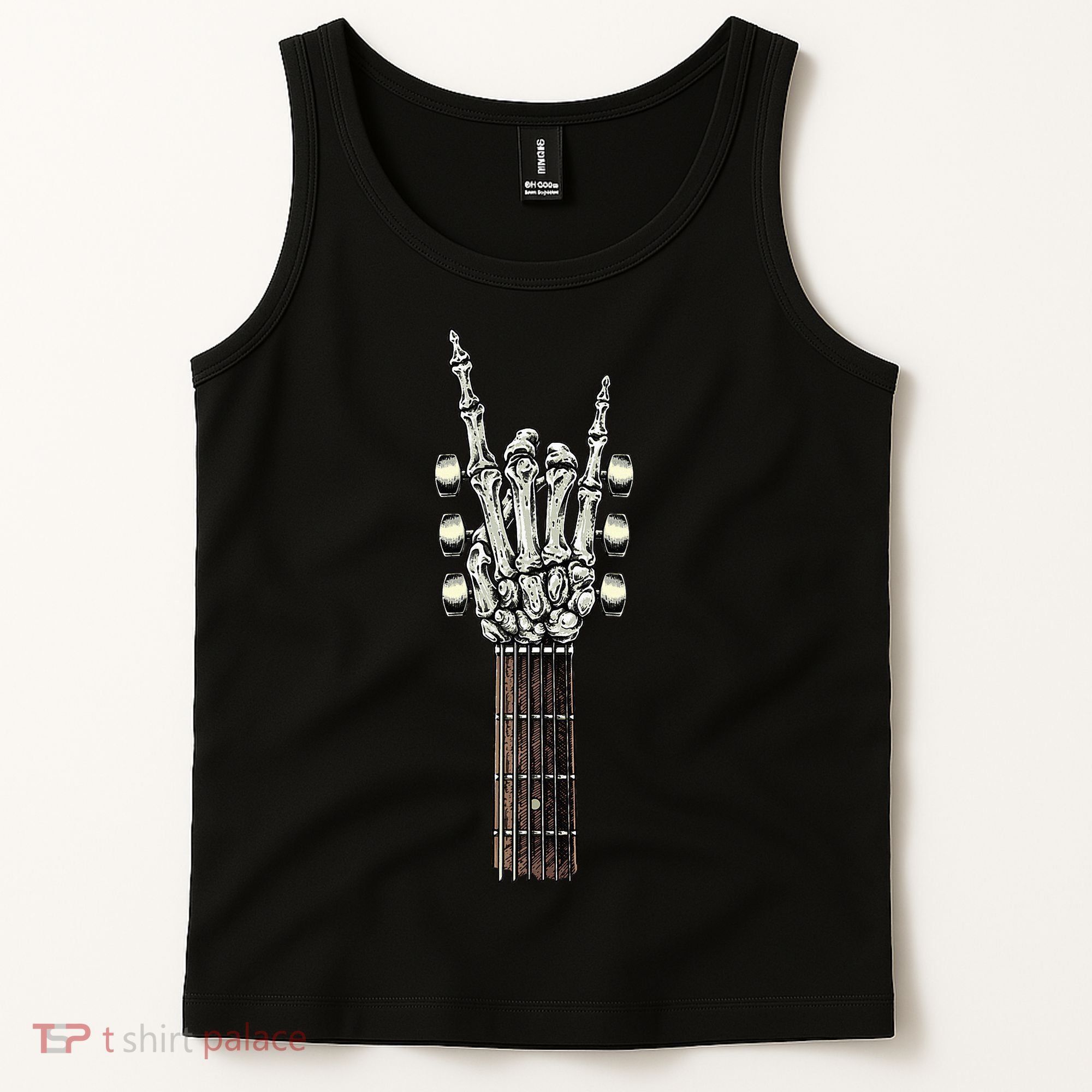 Rock On Guitar Neck Rock & Roll Halloween Skeleton Hand Tank Top