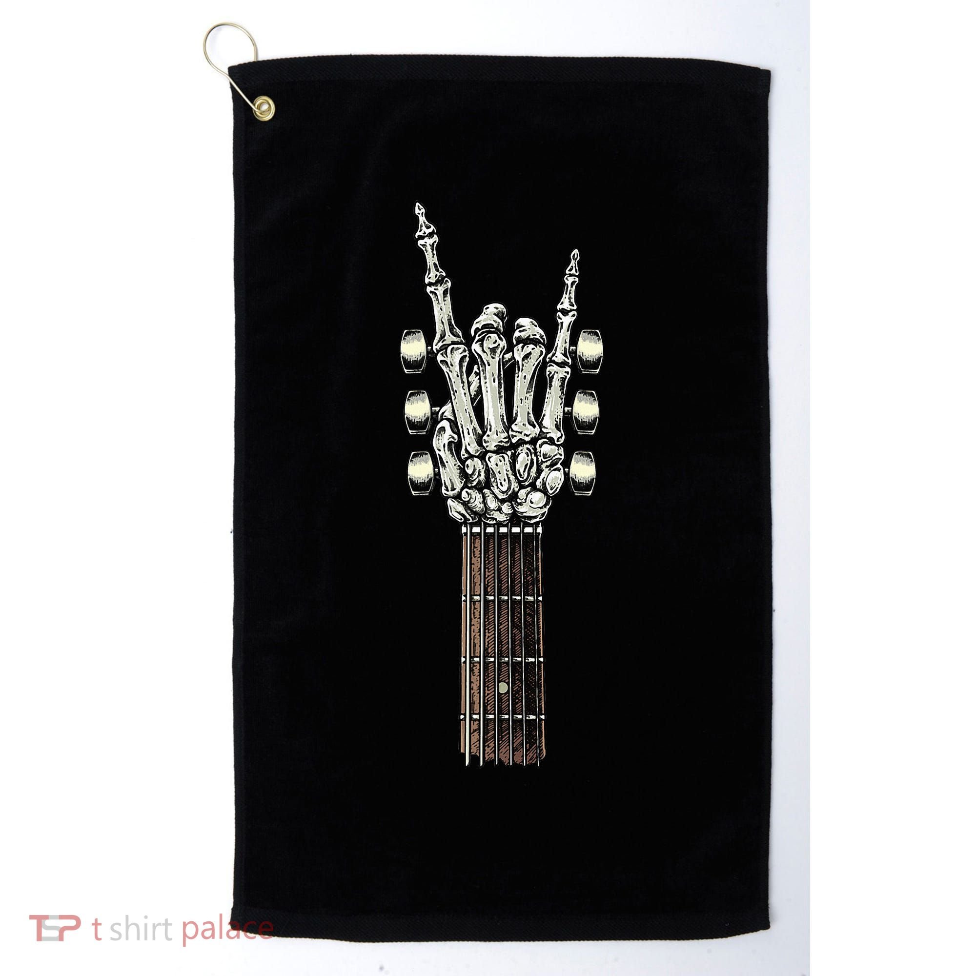 Rock On Guitar Neck Rock & Roll Halloween Skeleton Hand Golf Towel