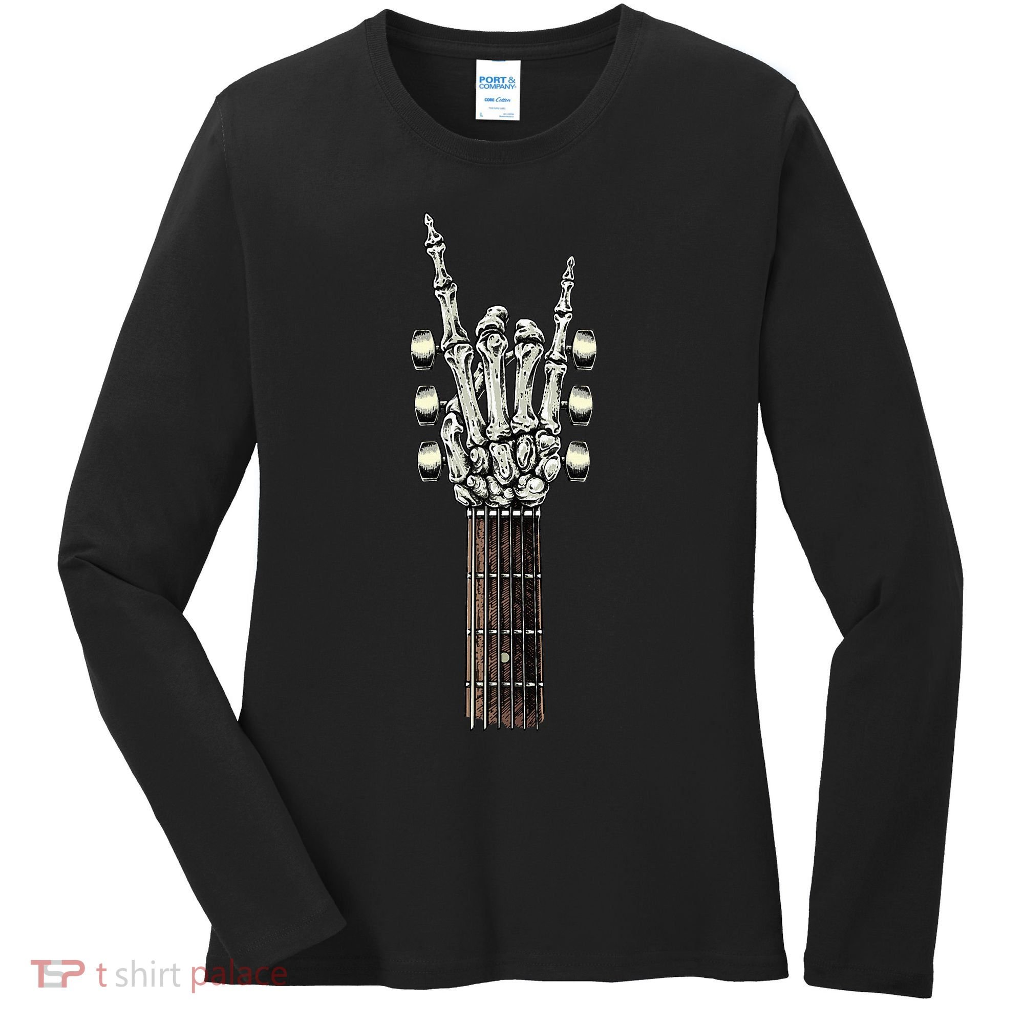 Rock On Guitar Neck Rock & Roll Halloween Skeleton Hand Women's Long Sleeve Shirt