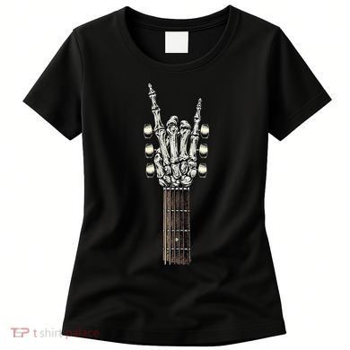 Rock On Guitar Neck Rock & Roll Halloween Skeleton Hand Women's T-Shirt