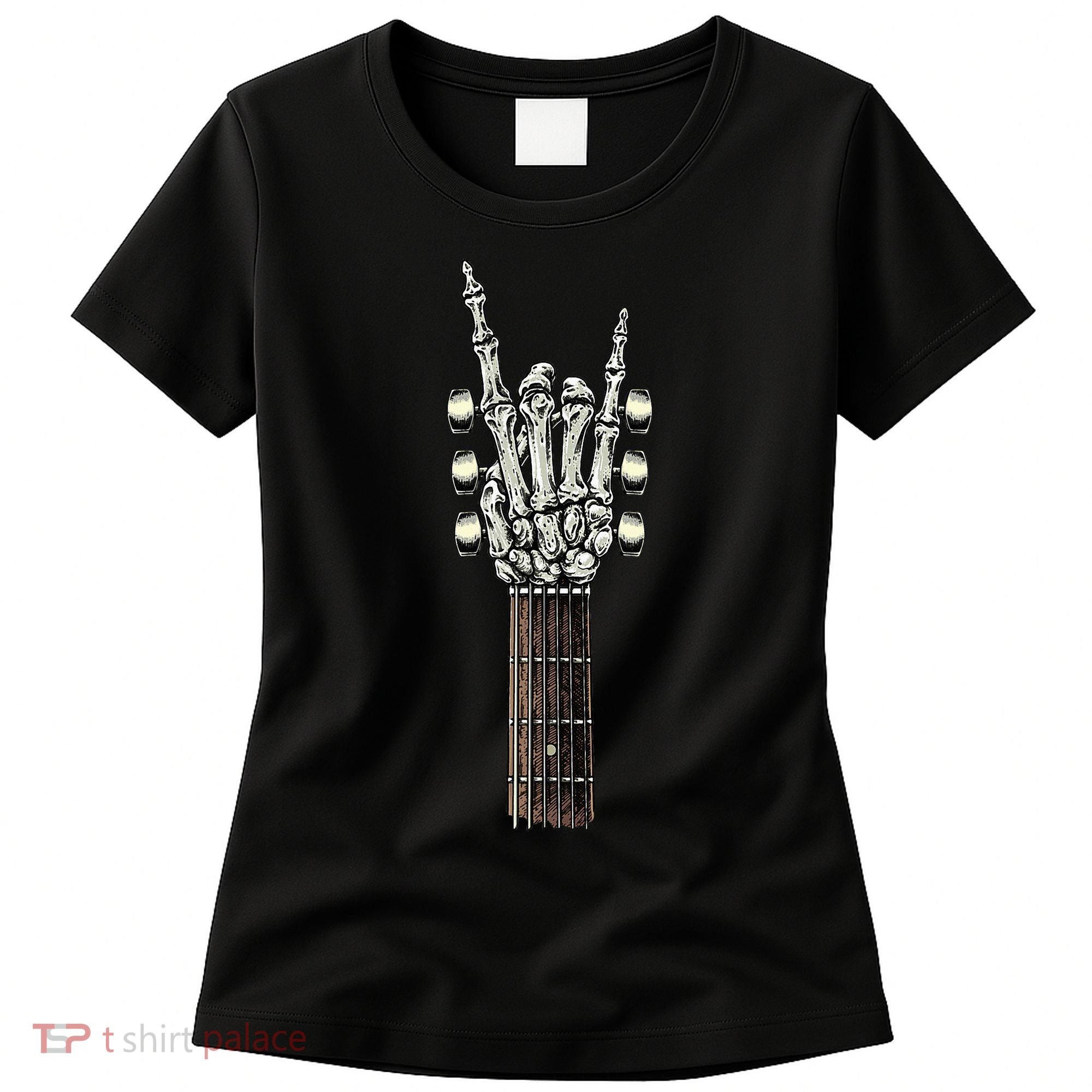 Rock On Guitar Neck Rock & Roll Halloween Skeleton Hand Women's T-Shirt