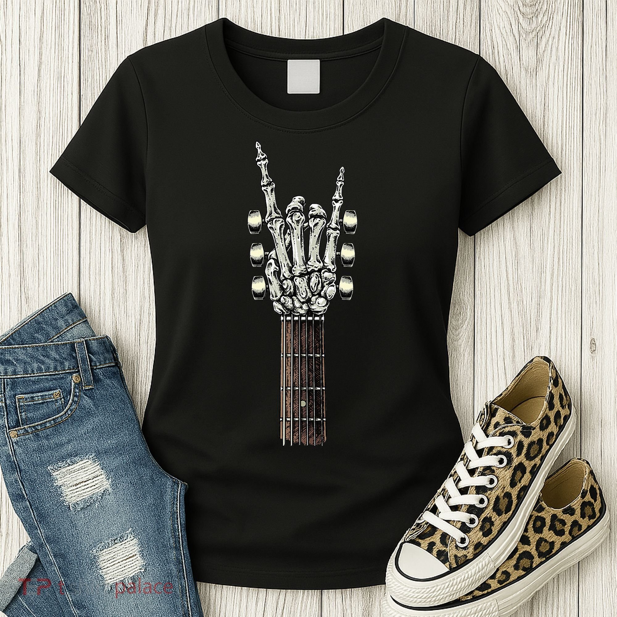 Rock On Guitar Neck Rock & Roll Halloween Skeleton Hand Women's T-Shirt