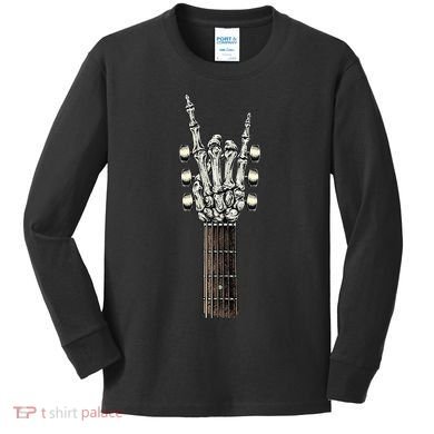 Rock On Guitar Neck Rock & Roll Halloween Skeleton Hand Kids Long Sleeve Shirt