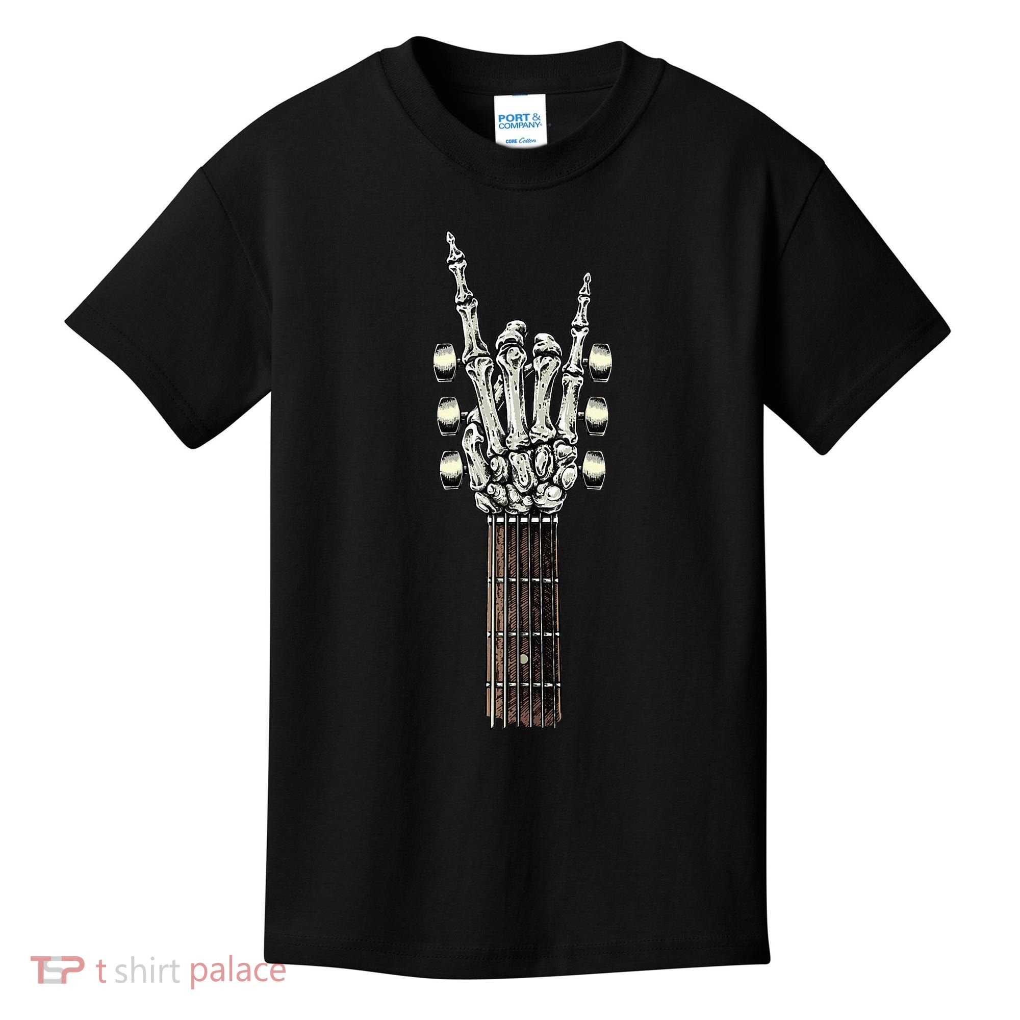 Rock On Guitar Neck Rock & Roll Halloween Skeleton Hand Kids T-Shirt