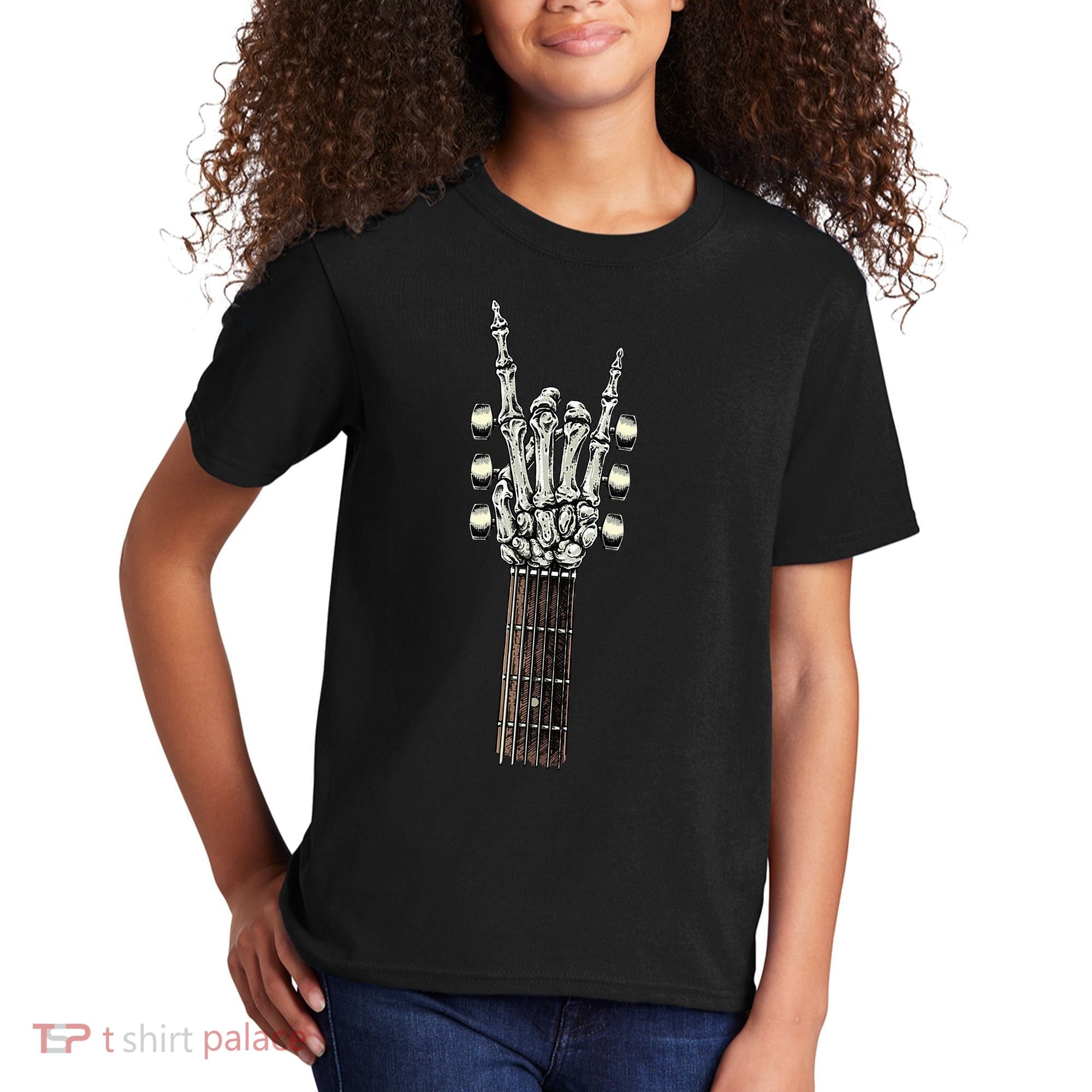 Rock On Guitar Neck Rock & Roll Halloween Skeleton Hand Kids T-Shirt