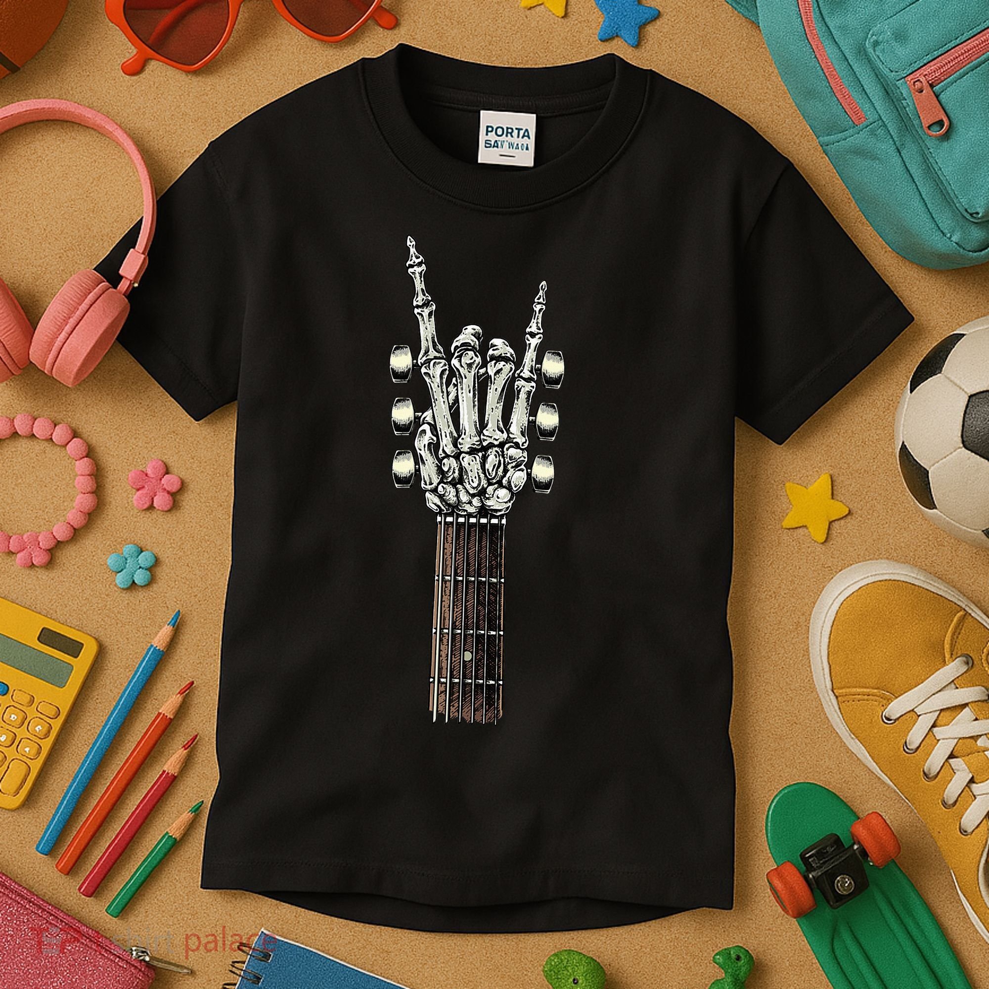 Rock On Guitar Neck Rock & Roll Halloween Skeleton Hand Kids T-Shirt