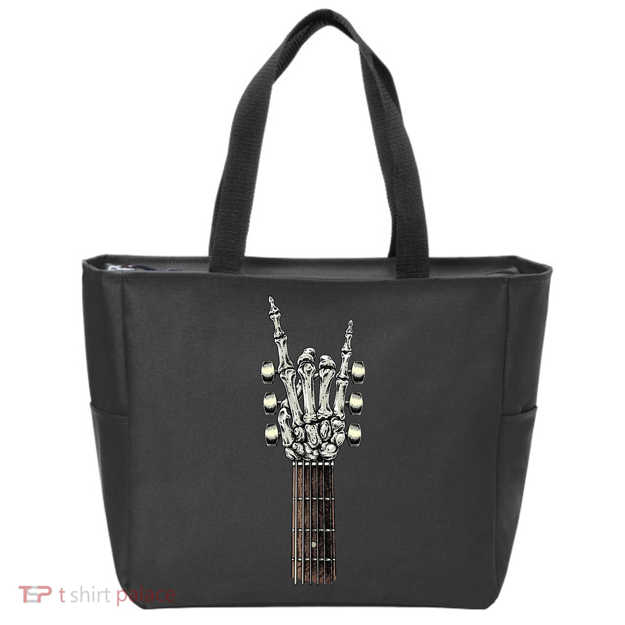 Rock On Guitar Neck Rock & Roll Halloween Skeleton Hand Tote Bag