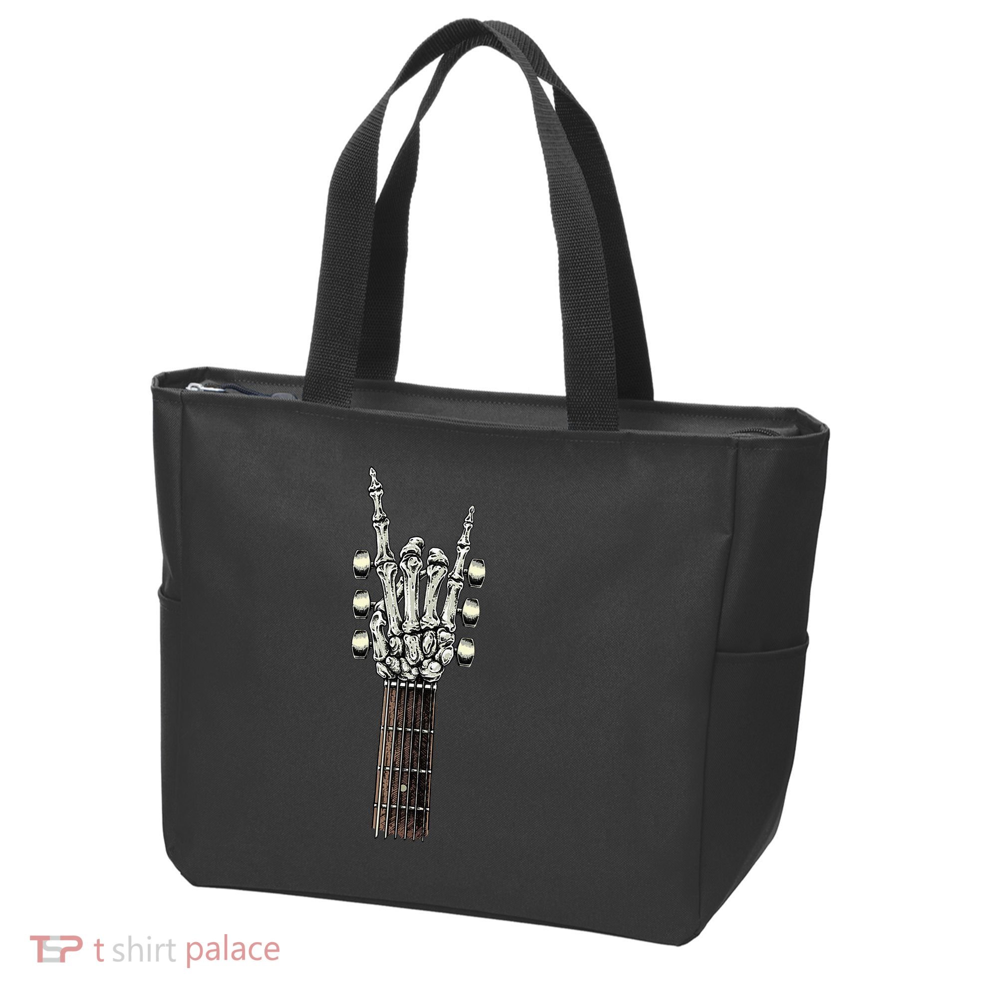 Rock On Guitar Neck Rock & Roll Halloween Skeleton Hand Tote Bag
