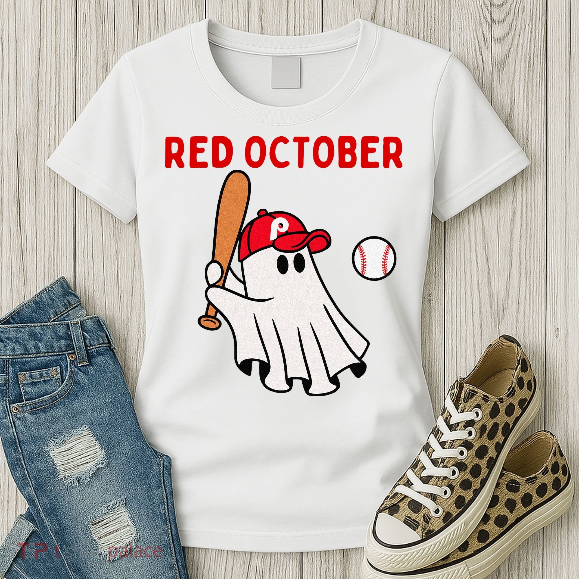 Red October Halloween Philadelphia Baseball Ghost Women's T-Shirt