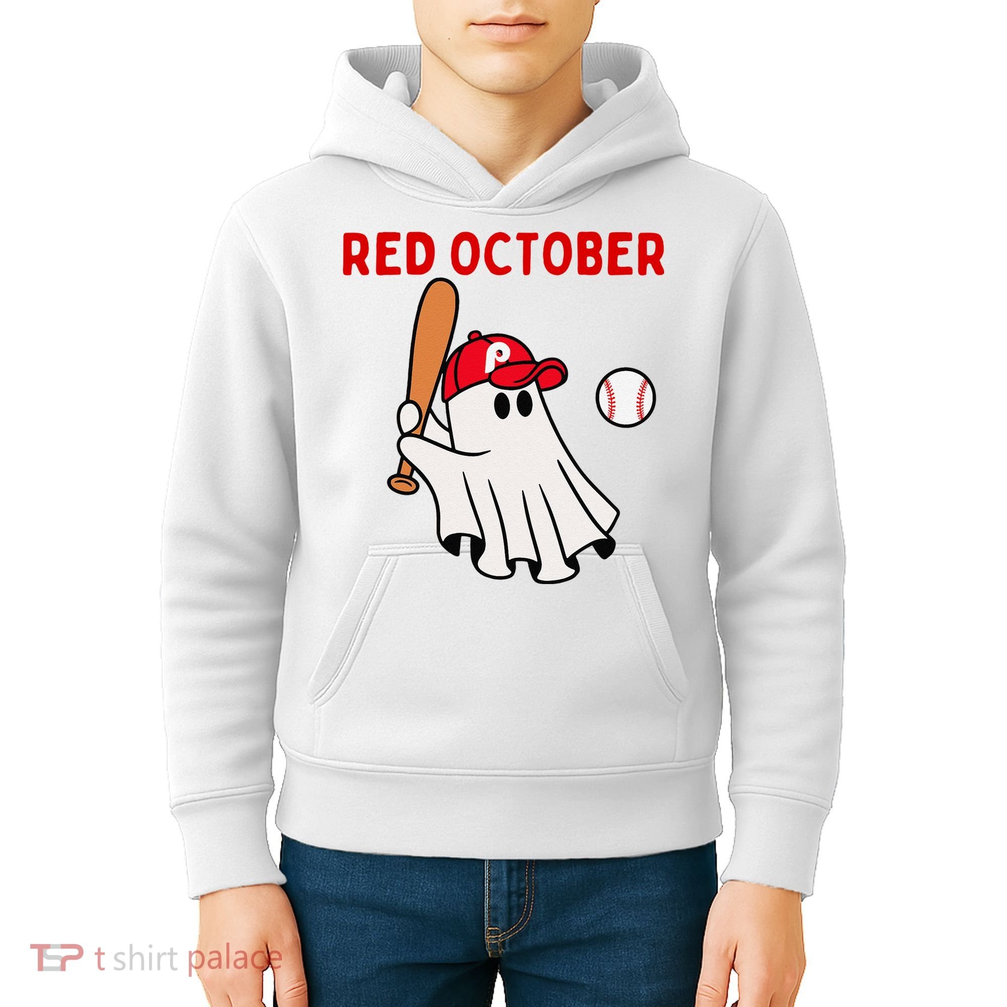 Red October Halloween Philadelphia Baseball Ghost Kids Hoodie