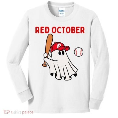 Red October Halloween Philadelphia Baseball Ghost Kids Long Sleeve Shirt