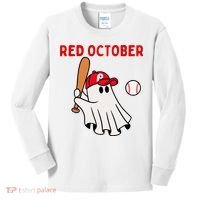 Red October Halloween Philadelphia Baseball Ghost Kids Long Sleeve Shirt thumb 0
