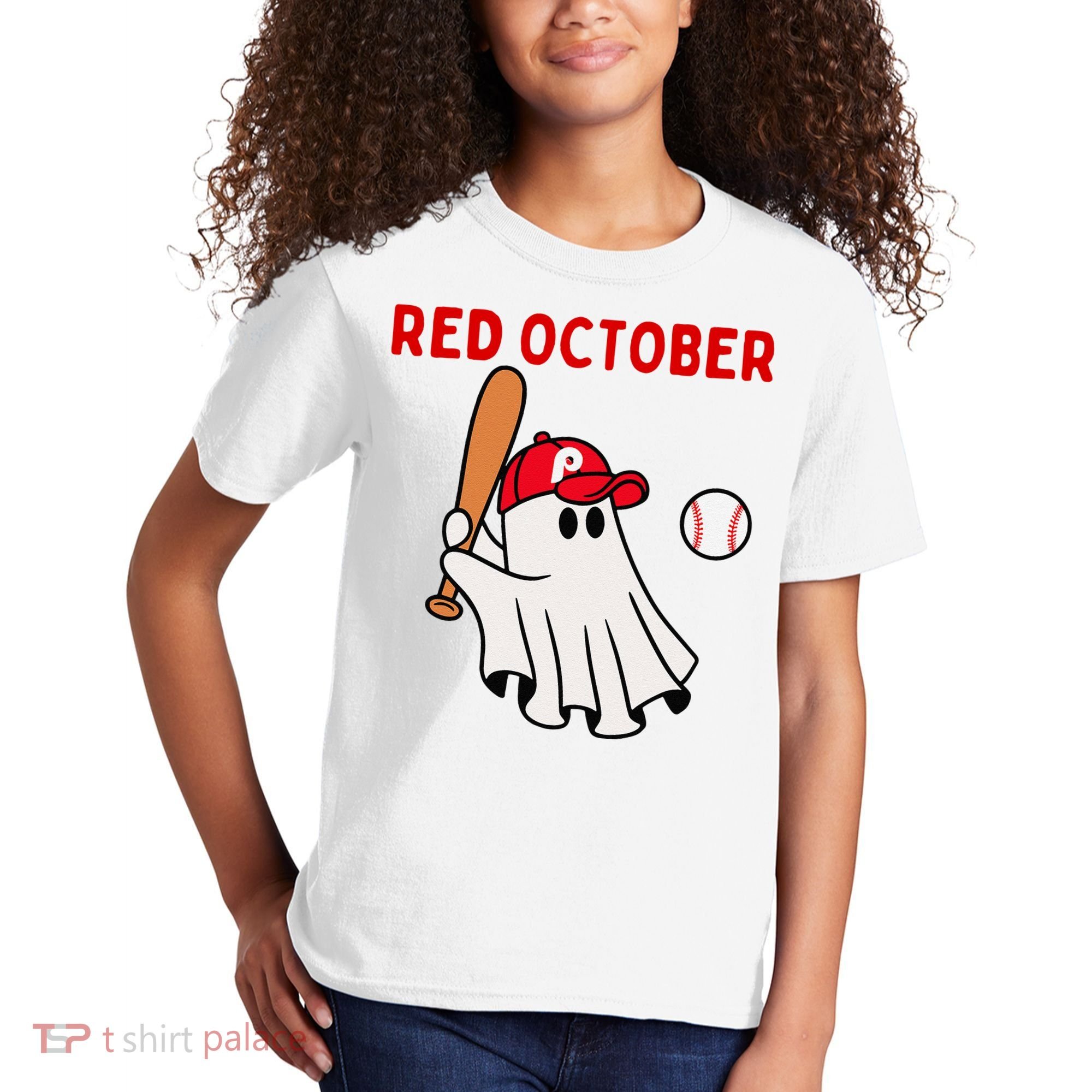 Red October Halloween Philadelphia Baseball Ghost Kids T-Shirt