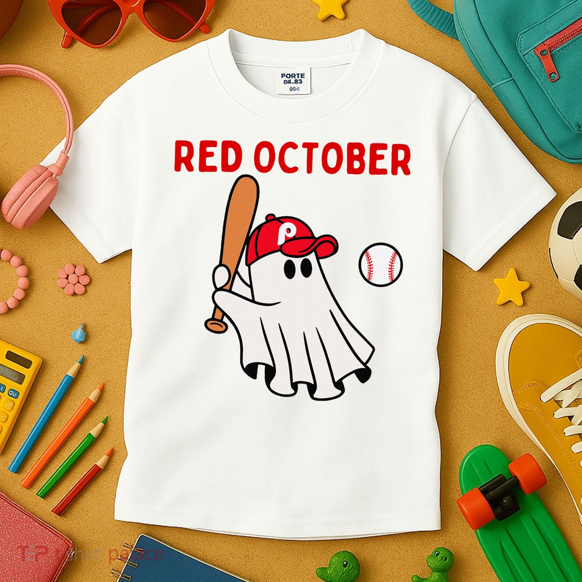 Red October Halloween Philadelphia Baseball Ghost Kids T-Shirt