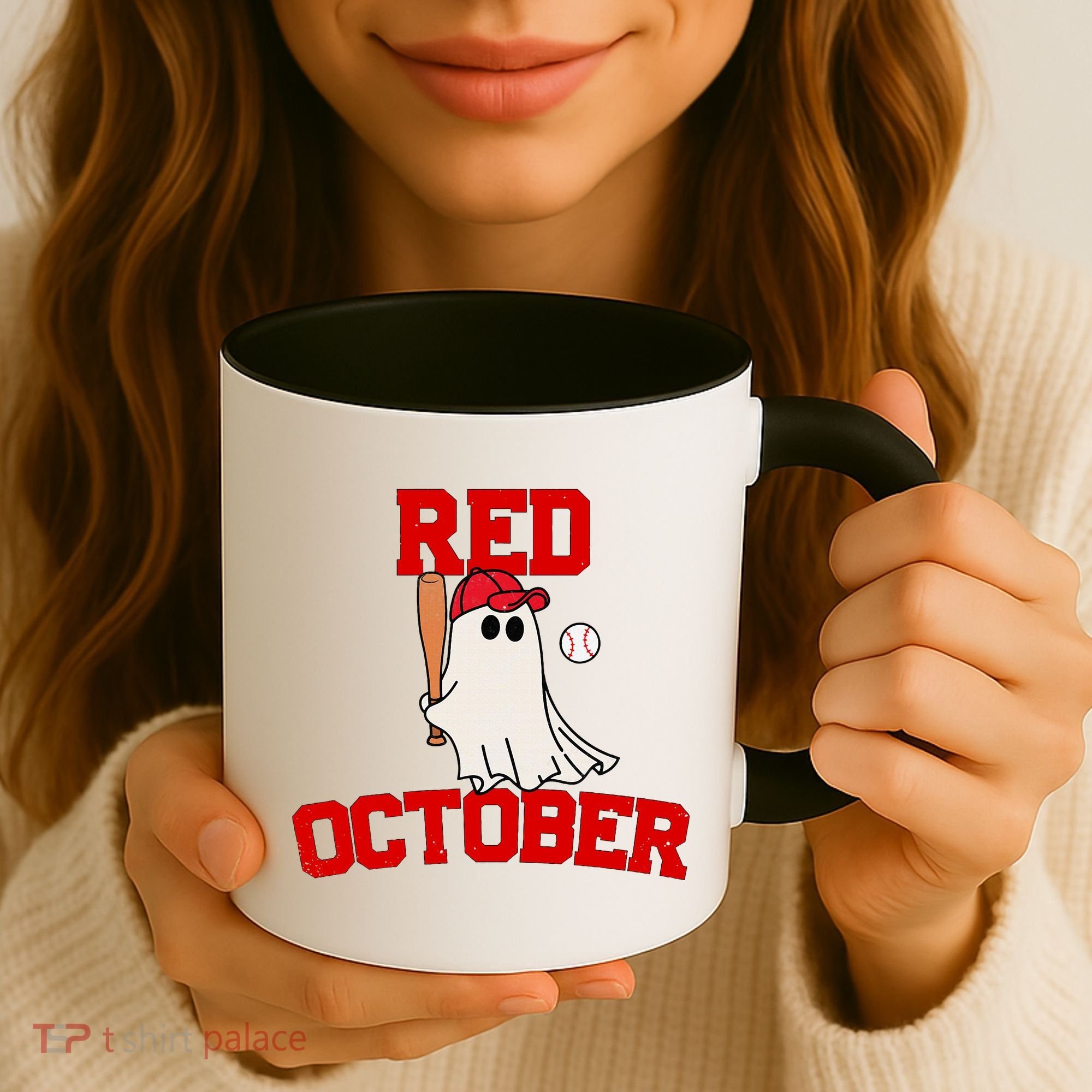 Red October Halloween Ghost Playing Baseball Coffee Mug