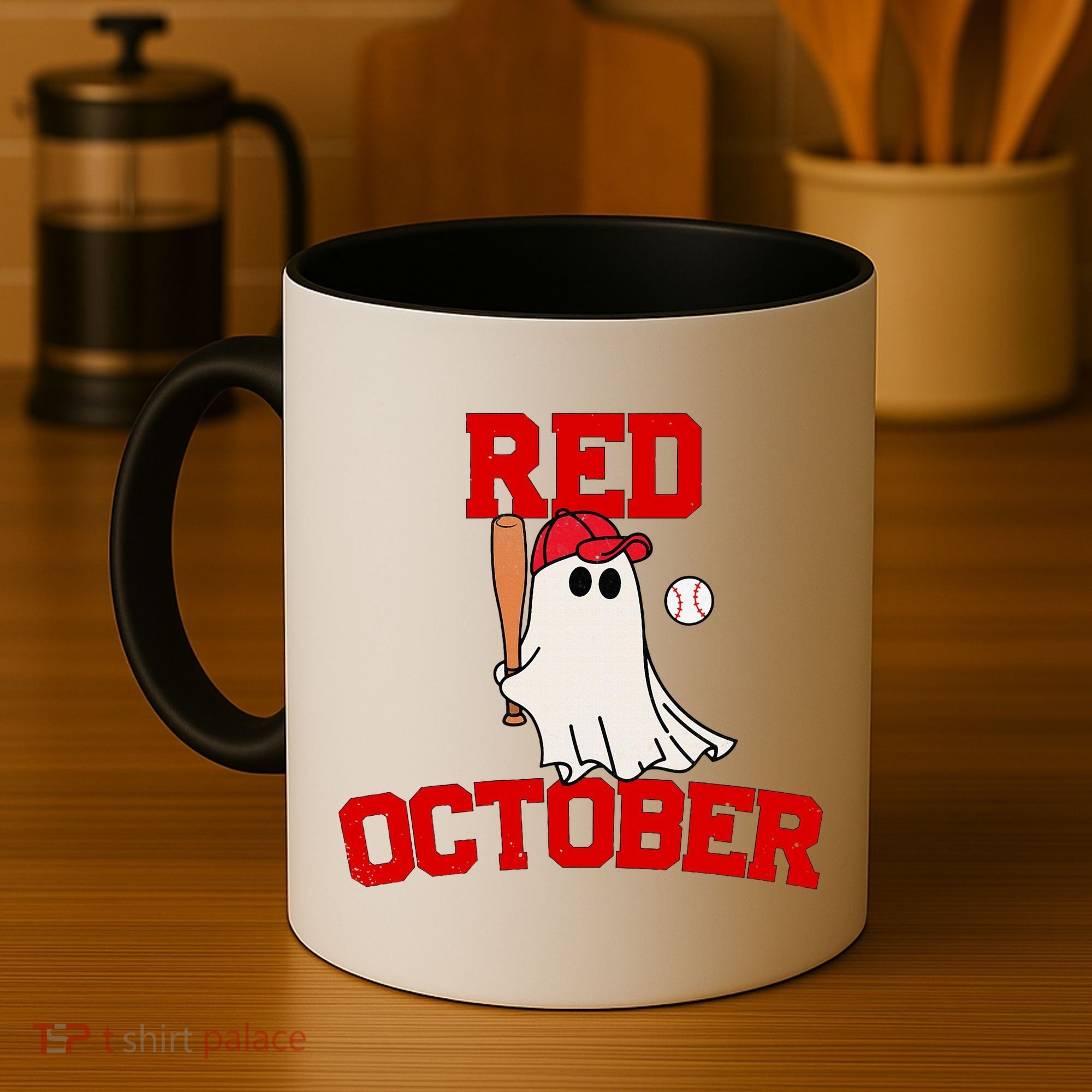 Red October Halloween Ghost Playing Baseball Coffee Mug
