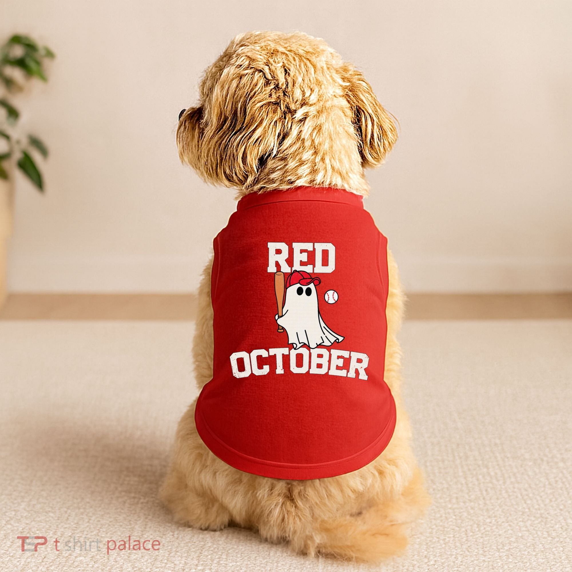 Red October Halloween Ghost Playing Baseball Doggie Tank