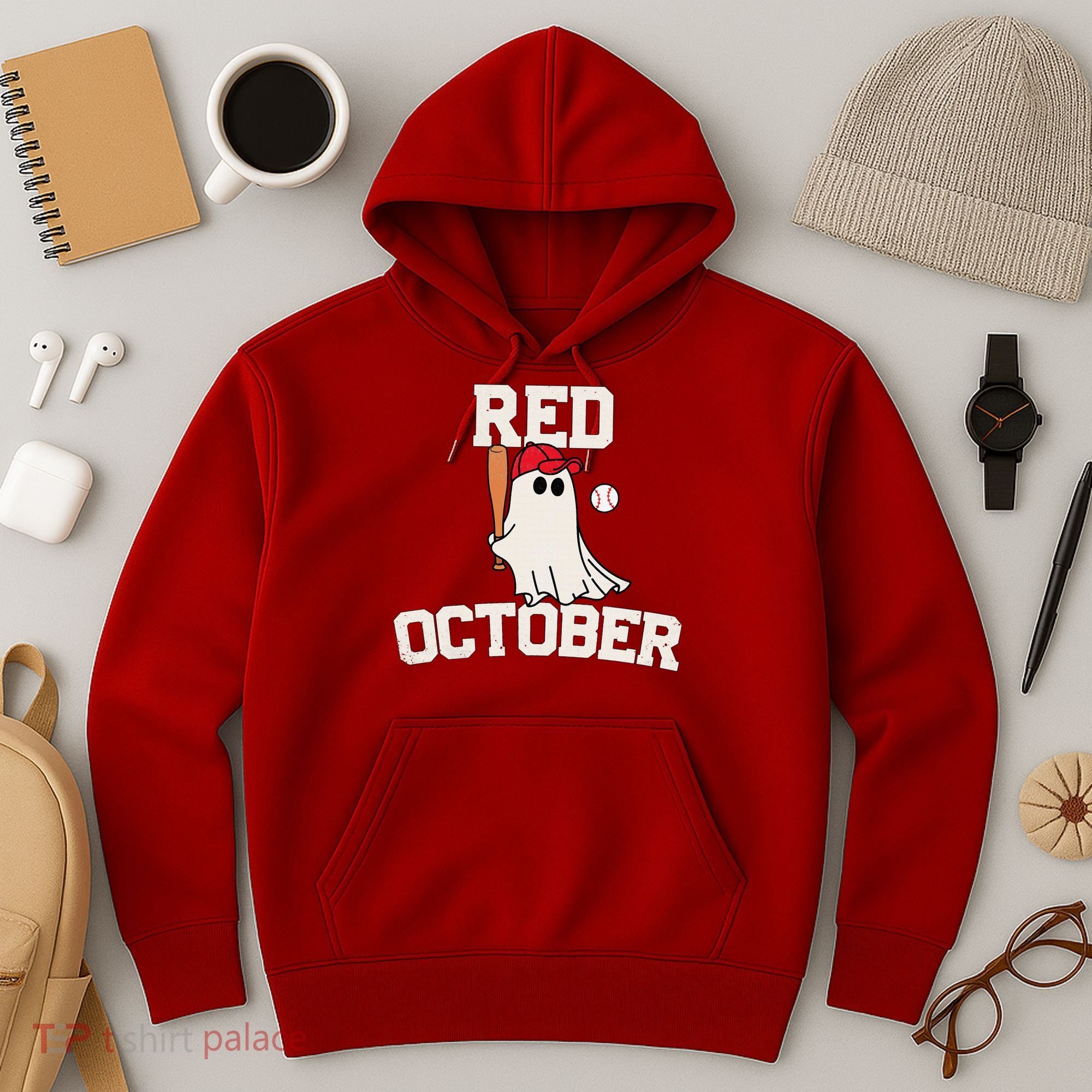 Red October Halloween Ghost Playing Baseball Hoodie