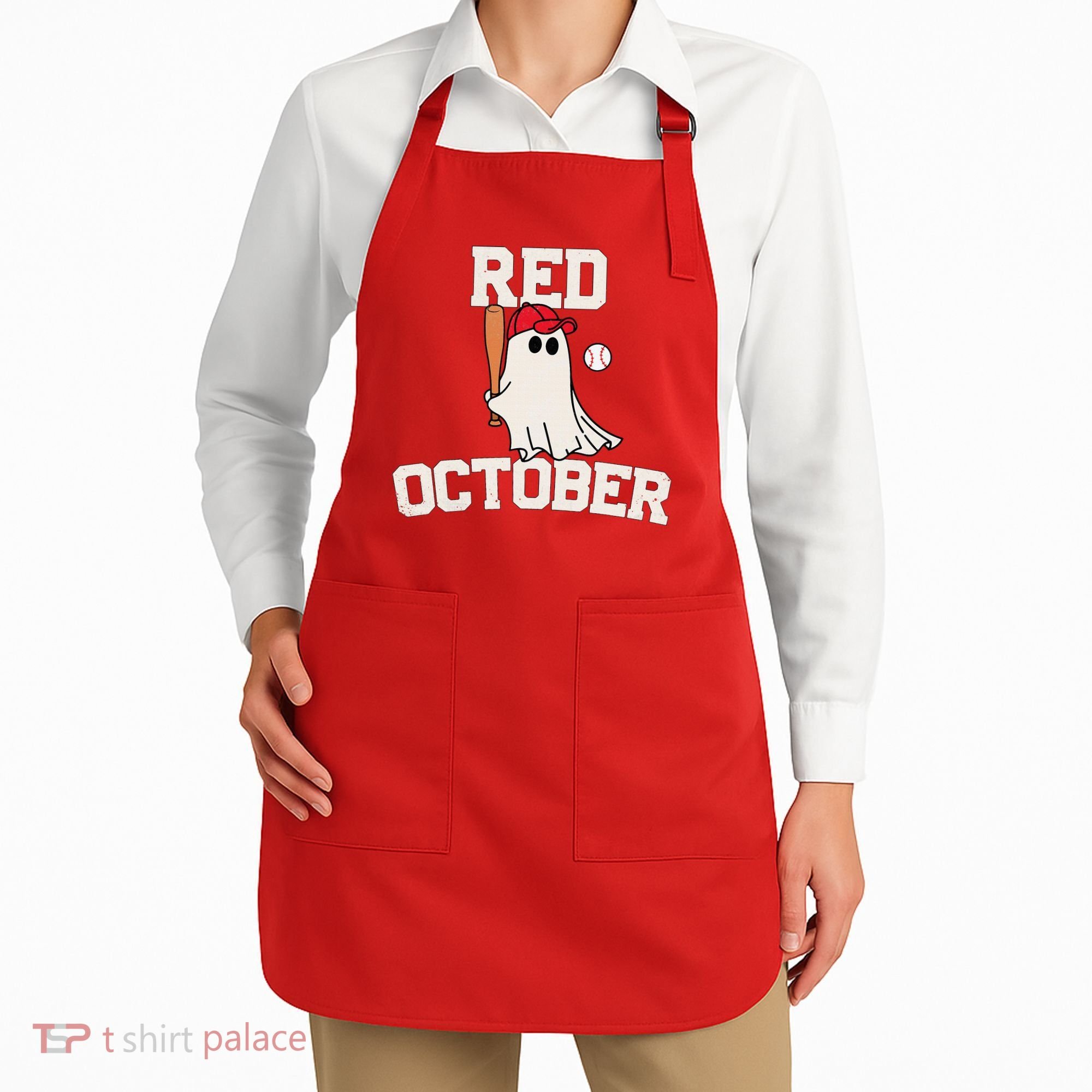 Red October Halloween Ghost Playing Baseball Apron