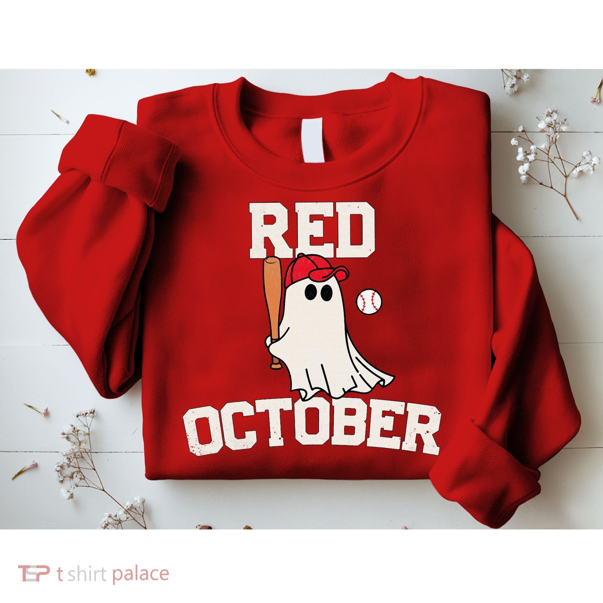 Red October Halloween Ghost Playing Baseball Sweatshirt