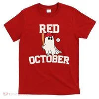 Red October Halloween Ghost Playing Baseball T-Shirt thumb 0