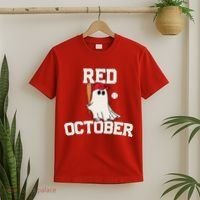 Red October Halloween Ghost Playing Baseball T-Shirt thumb 2
