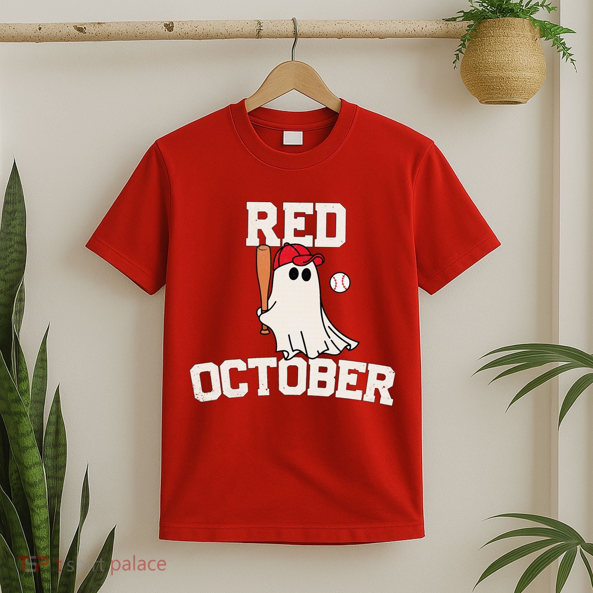 Red October Halloween Ghost Playing Baseball T-Shirt