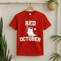 Red October Halloween Ghost Playing Baseball T-Shirt thumb 2