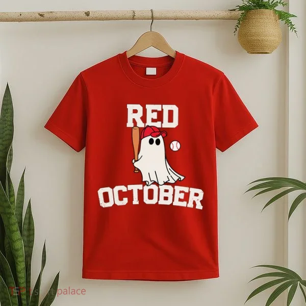 Red October Halloween Ghost Playing Baseball T-Shirt
