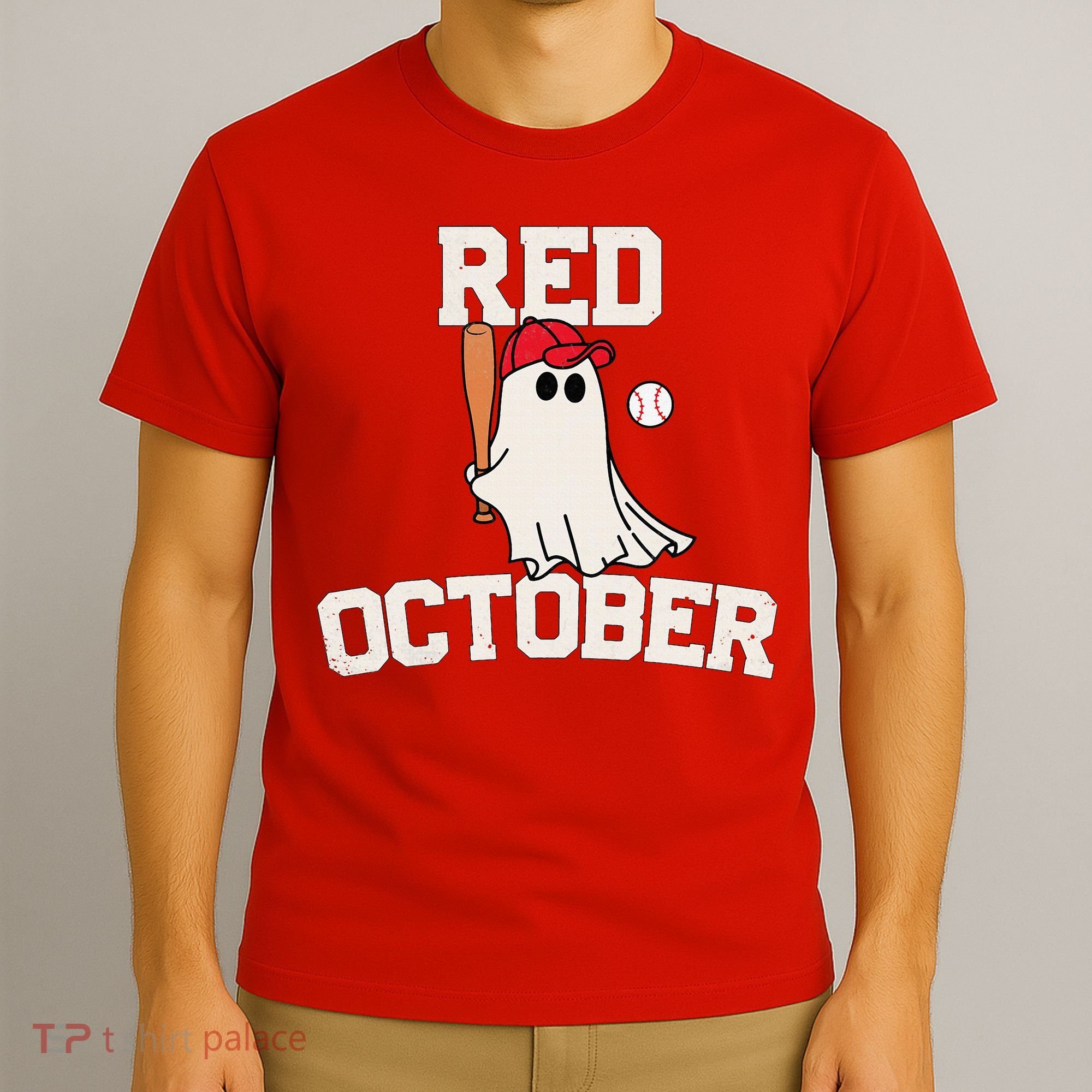 Red October Halloween Ghost Playing Baseball T-Shirt